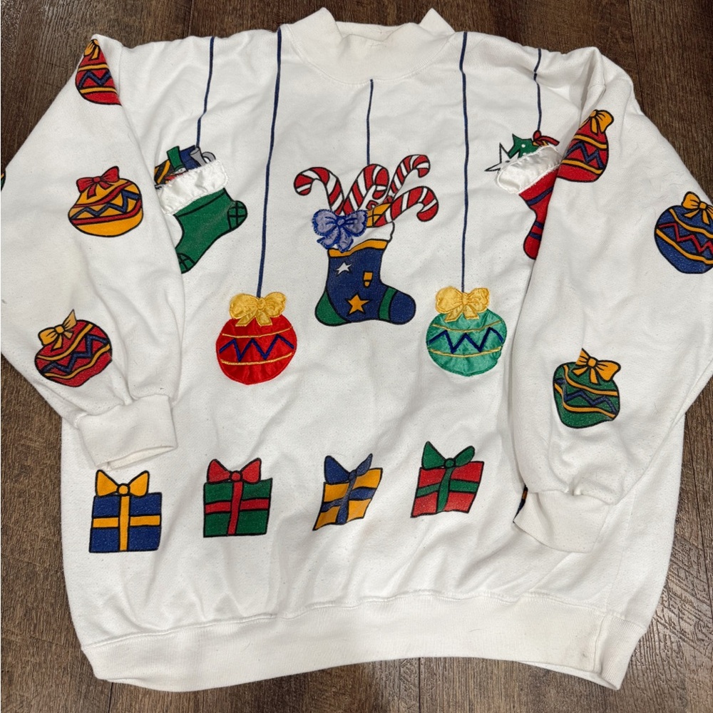 Festive Holiday Sweater - White with Multicolor Ornaments